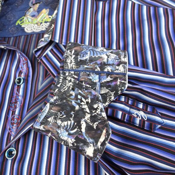 Men's Robert Graham 2XL Striped Purple/Black‎ Front Long Sleeve Flip Cuff $188 - Picture 7 of 13
